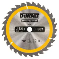 Диск циркулярен за рязане DeWALT на дърво напречно надлъжно с HM пластини  184 мм, 16 мм, 2.6 мм, 30 z, Construction