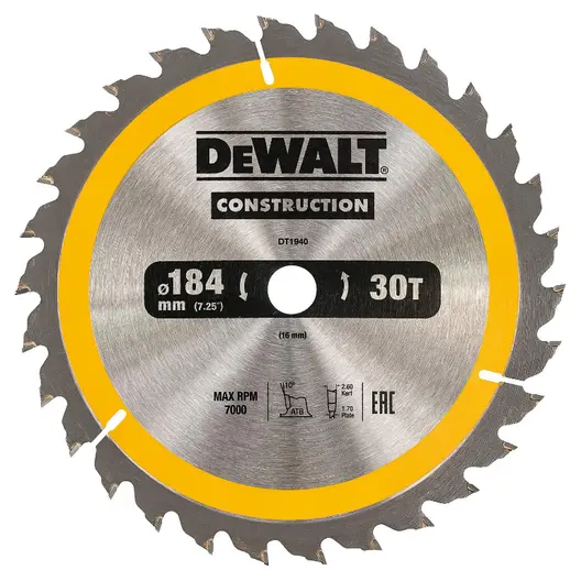 Диск циркулярен за рязане DeWALT на дърво напречно надлъжно с HM пластини  184 мм, 16 мм, 2.6 мм, 30 z, Construction