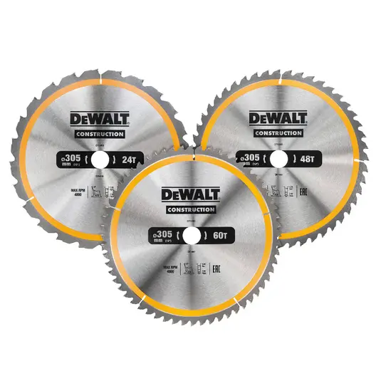 Диск циркулярен за рязане DeWALT комплект 3 бр. с HM пластини за дърво  305 мм, 30 мм, 3 мм, 24/48/60 z, Construction