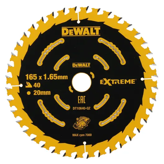 Диск циркулярен за рязане DeWALT на дърво фино напречно надлъжно с HM пластини  165 мм, 20 мм, 1.6 мм, 40 z, Extreme