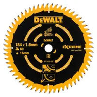Диск циркулярен за рязане DeWALT на дърво напречно надлъжно с HM пластини  184 мм, 16 мм, 1.6 мм, 60 z, Extreme
