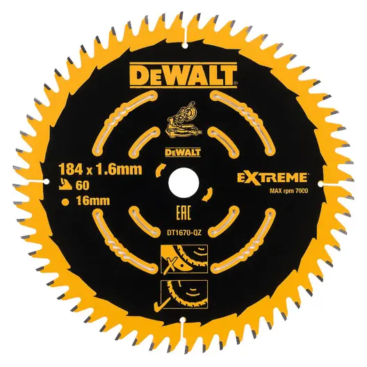 Диск циркулярен за рязане DeWALT на дърво напречно надлъжно с HM пластини  184 мм, 16 мм, 1.6 мм, 60 z, Extreme