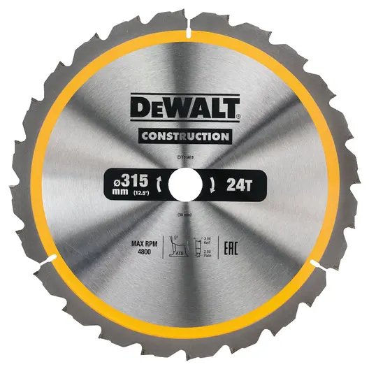 Диск циркулярен за рязане DeWALT на дърво напречно надлъжно с HM пластини  315 мм, 30 мм, 3.2 мм, 24 z, Construction