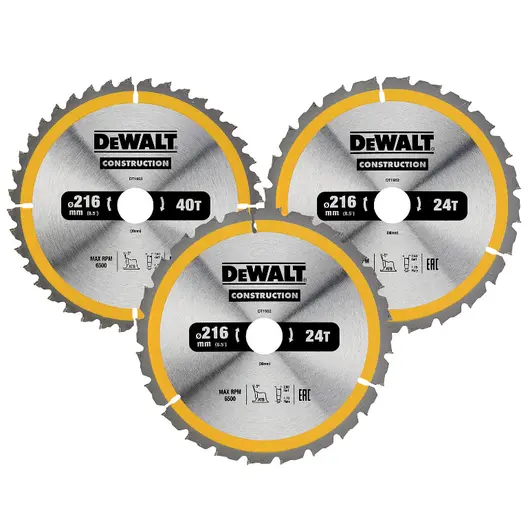 Диск циркулярен за рязане DeWALT комплект 3 бр. с HM пластини за дърво  216 мм, 30 мм, 2.6 мм, 24/40 z, Construction