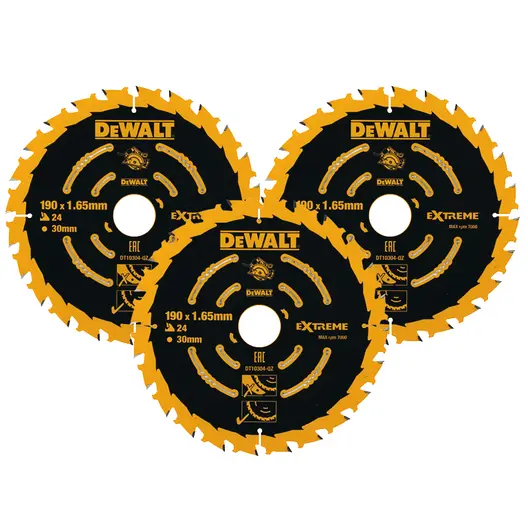 Диск циркулярен за рязане DeWALT на дърво грубо с HM пластини комплект 3 бр. 190 мм, 30 мм, 1.65 мм, 24 z, Extreme