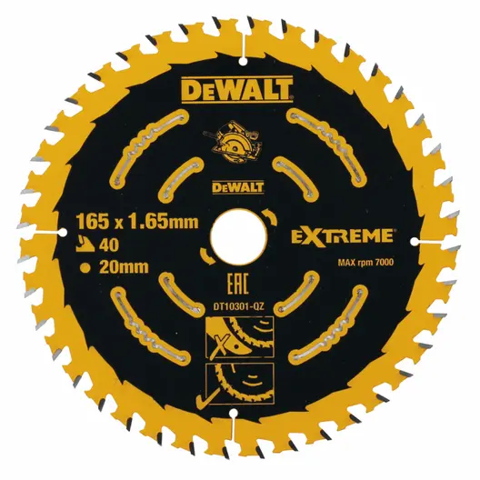 Диск циркулярен за рязане DeWALT на дърво фино напречно надлъжно с HM пластини  165 мм, 20 мм, 1.65 мм, 40 z, Extreme