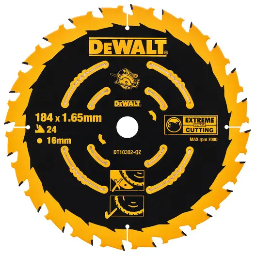 Диск циркулярен за рязане DeWALT на дърво напречно надлъжно с HM пластини  184 мм, 16 мм, 1.65 мм, 24 z, Extreme