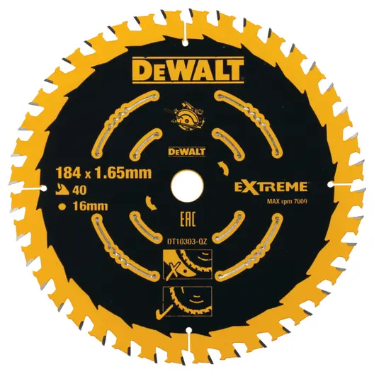 Диск циркулярен за рязане DeWALT на дърво фино напречно надлъжно с HM пластини  184 мм, 16 мм, 1.65 мм, 40 z, Extreme