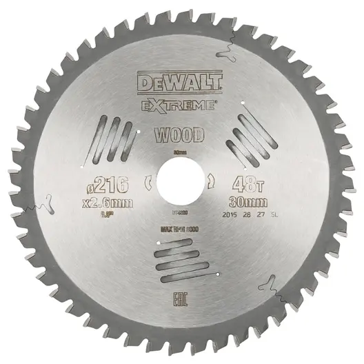 Диск циркулярен за рязане DeWALT на дърво фино напречно надлъжно с HM пластини  216 мм, 30 мм, 2.6 мм, 48 z, Extreme