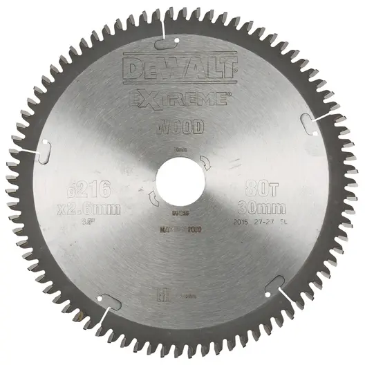 Диск циркулярен за рязане DeWALT на дърво фино напречно надлъжно с HM пластини  216 мм, 30 мм, 2.6 мм, 80 z, Extreme