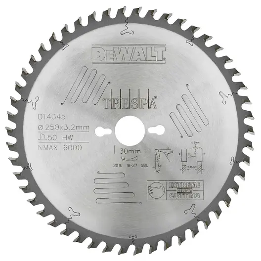Диск циркулярен за рязане DeWALT на дърво фино напречно надлъжно с HM пластини  250 мм, 30 мм, 3.2 мм, 50 z, Extreme