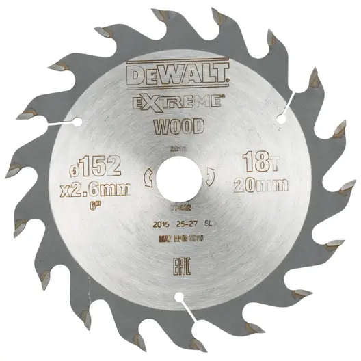 Диск циркулярен за рязане DeWALT на дърво напречно надлъжно с HM пластини  152 мм, 20 мм, 2.6 мм, 18 z, Extreme