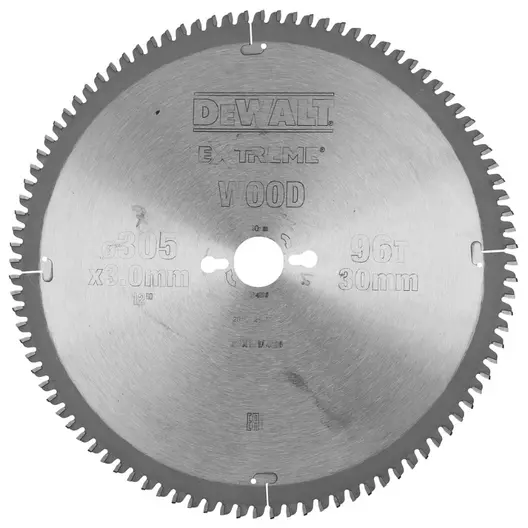 Диск циркулярен за рязане DeWALT на дърво фино напречно надлъжно с HM пластини  305 мм, 30 мм, 3 мм, 96 z, Extreme