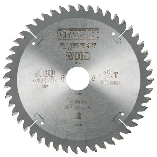 Диск циркулярен за рязане DeWALT на дърво фино напречно надлъжно с HM пластини  190 мм, 30 мм, 2.6 мм, 48 z, Extreme