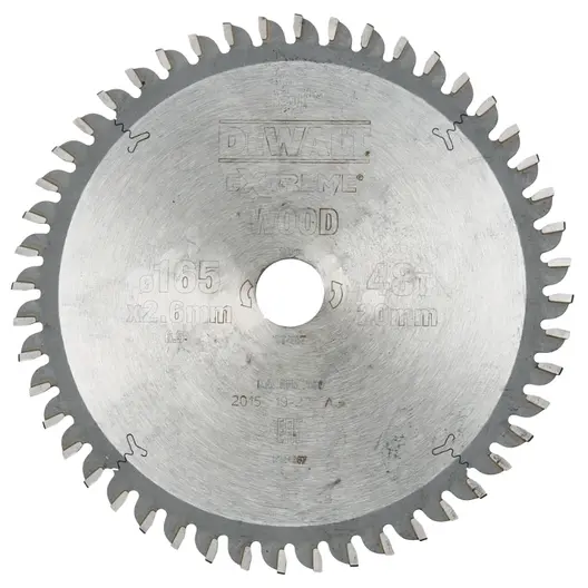 Диск циркулярен за рязане DeWALT на дърво фино напречно надлъжно с HM пластини  165 мм, 20 мм, 2.6 мм, 48 z, Extreme