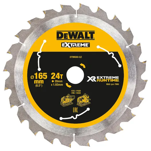 Диск циркулярен за рязане DeWALT на дърво напречно надлъжно с HM пластини  165 мм, 20 мм, 1.76 мм, 24 z, Extreme Runtime