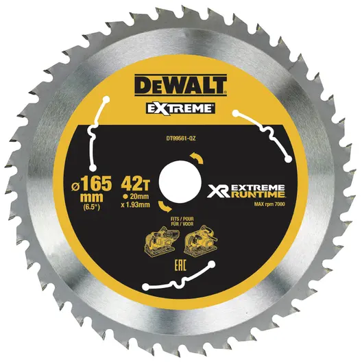 Диск циркулярен за рязане DeWALT на дърво фино напречно надлъжно с HM пластини  165 мм, 20 мм, 1.76 мм, 42 z, Extreme Runtime