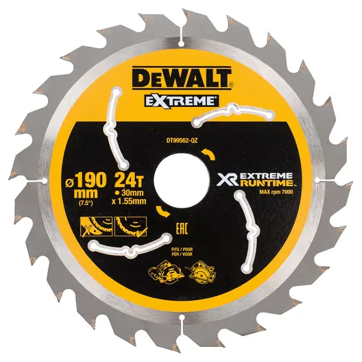 Диск циркулярен за рязане DeWALT на дърво напречно надлъжно с HM пластини  190 мм, 30 мм, 1.55 мм, 24 z, Extreme Runtime