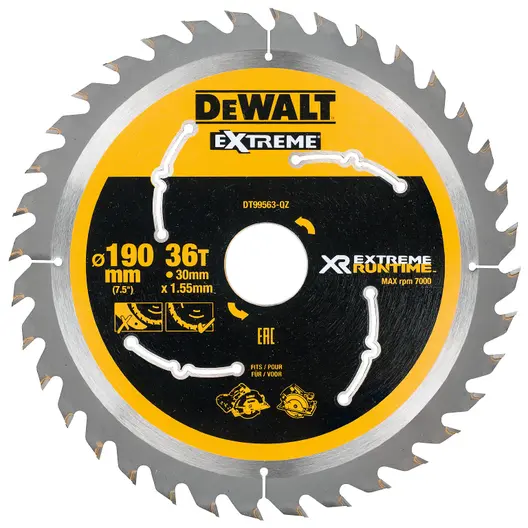Диск циркулярен за рязане DeWALT на дърво фино напречно надлъжно с HM пластини  190 мм, 30 мм, 1.55 мм, 36 z, Extreme Runtime