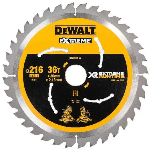Диск циркулярен за рязане DeWALT на дърво грубо напречно с HM пластини  216 мм, 30 мм, 2.16 мм, 36 z, Extreme Runtime
