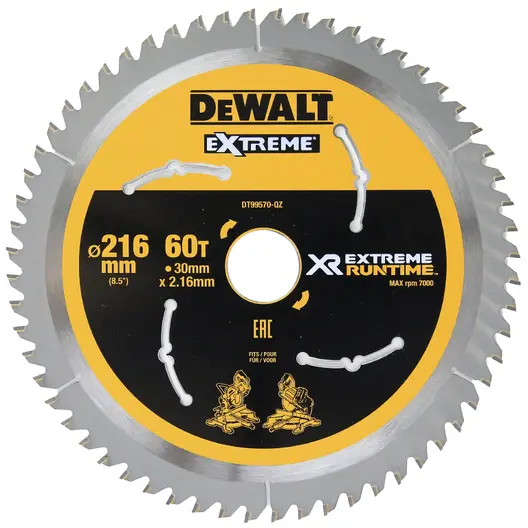 Диск циркулярен за рязане DeWALT на дърво фино напречно надлъжно с HM пластини  216 мм, 30 мм, 2.16 мм, 60 z, Extreme Runtime