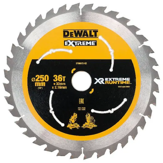 Диск циркулярен за рязане DeWALT на дърво грубо напречно с HM пластини  250 мм, 30 мм, 2.16 мм, 36 z, Extreme Runtime