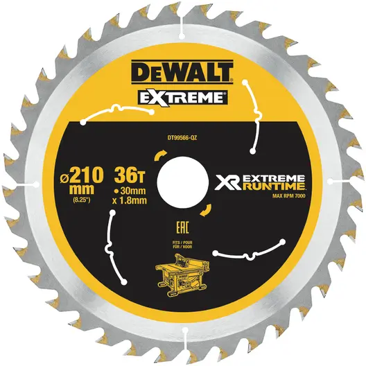 Диск циркулярен за рязане DeWALT на дърво фино напречно надлъжно с HM пластини  210 мм, 30 мм, 1.8 мм, 36 z, Extreme Runtime
