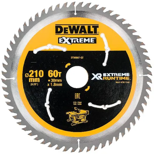 Диск циркулярен за рязане DeWALT на дърво фино напречно надлъжно с HM пластини  210 мм, 30 мм, 1.8 мм, 60 z, Extreme Runtime