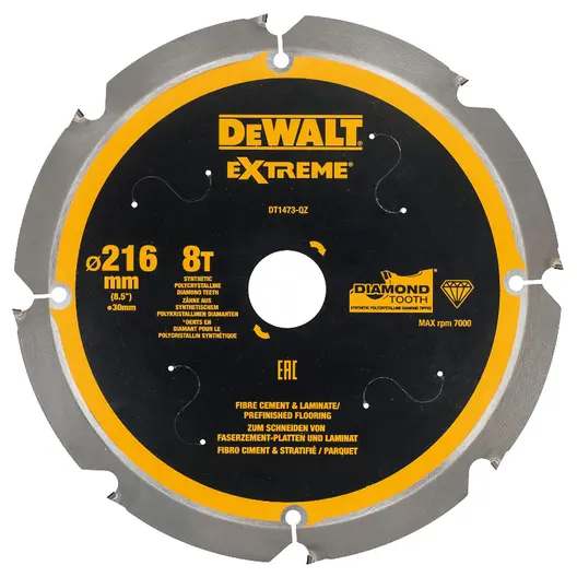 Диск циркулярен за рязане DeWALT за фиброцимент, ламинат и MDF  216 мм, 30 мм, 2 мм, 8 z, Extreme