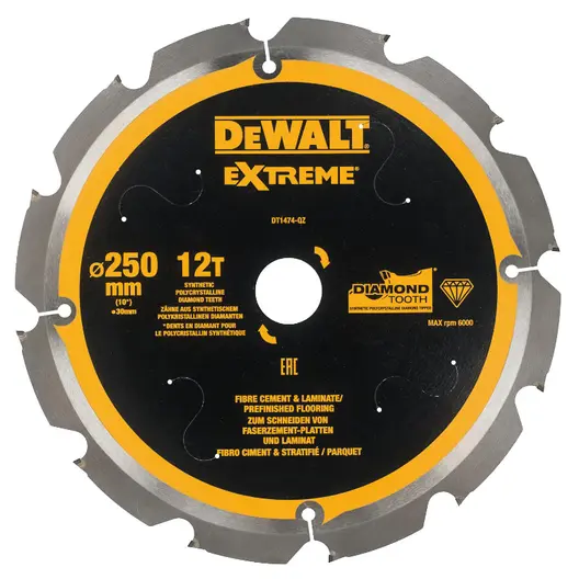 Диск циркулярен за рязане DeWALT за фиброцимент, ламинат и MDF  250 мм, 30 мм, 2.2 мм, 12 z, Extreme
