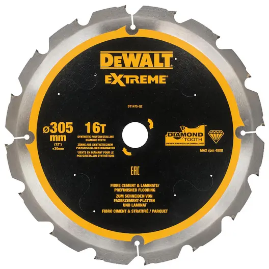 Диск циркулярен за рязане DeWALT за фиброцимент, ламинат и MDF  305 мм, 30 мм, 2.4 мм, 16 z, Extreme