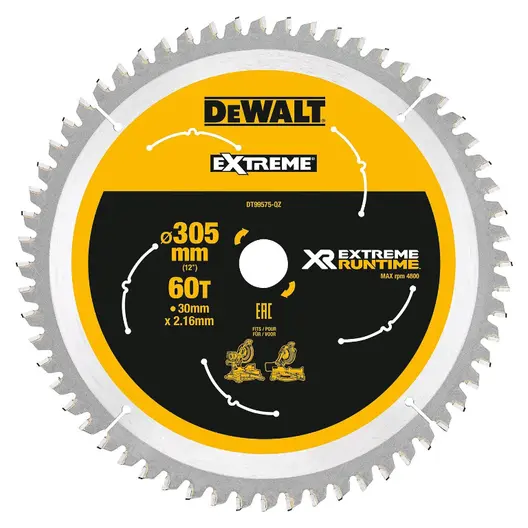 Диск циркулярен за рязане DeWALT на дърво фино напречно надлъжно с HM пластини  305 мм, 30 мм, 2.16 мм, 60 z, Extreme Runtime