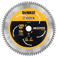 Диск циркулярен за рязане DeWALT на дърво фино напречно надлъжно с HM пластини  305 мм, 30 мм, 2.16 мм, 78 z, Extreme Runtime