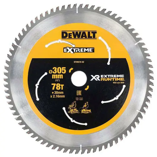 Диск циркулярен за рязане DeWALT на дърво фино напречно надлъжно с HM пластини  305 мм, 30 мм, 2.16 мм, 78 z, Extreme Runtime