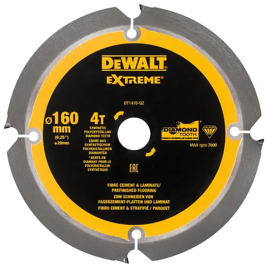 Диск циркулярен за рязане DeWALT за фиброцимент, ламинат и MDF с PCD пластини  160 мм, 20 мм, 1.8 мм, 4 z, Extreme