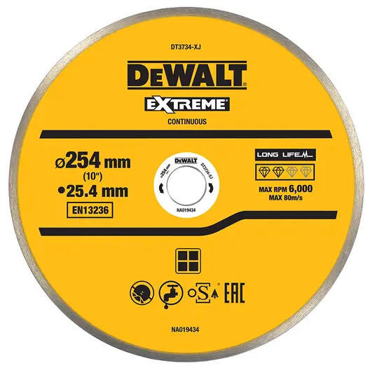 Диск диамантен за мокро рязане DeWALT на керамични плочки  254 мм, 25.4 мм, 1.6 мм, Diamond Edge