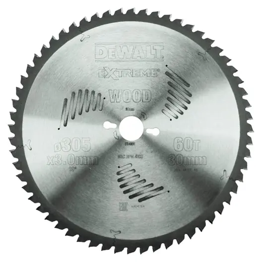 Диск циркулярен за рязане DeWALT на дърво фино напречно надлъжно с HM пластини  305 мм, 30 мм, 2.2 мм, 60 z, Extreme