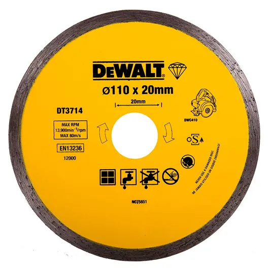 Диск диамантен за сухо и мокро рязане DeWALT на керамични плочки  110 мм, 20 мм, 1.6 мм, Diamond Edge