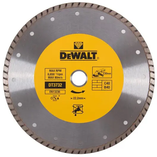 Диск диамантен за сухо рязане DeWALT на тухли, бетон и керемиди  230 мм, 22.23 мм, 2.6 мм, Diamond Edge
