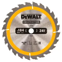 Диск циркулярен за рязане DeWALT на дърво грубо с HM пластини  184 мм, 16 мм, 24 z, Construction