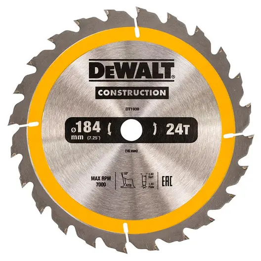 Диск циркулярен за рязане DeWALT на дърво грубо с HM пластини  184 мм, 16 мм, 24 z, Construction