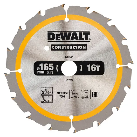 Диск циркулярен за рязане DeWALT на дърво грубо с HM пластини  165 мм, 20 мм, 16 z, Construction