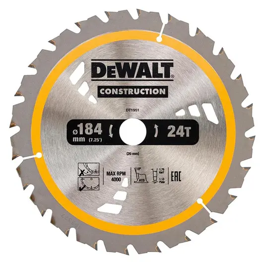 Диск циркулярен за рязане DeWALT на дърво грубо с HM пластини  184 мм, 20 мм, 24 z, Construction