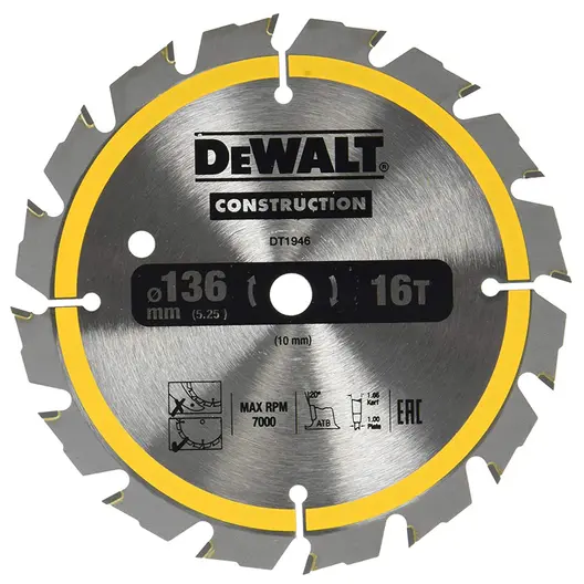 Диск циркулярен за рязане DeWALT на дърво грубо с HM пластини  136 мм, 10 мм, 16 z, Construction