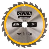 Диск циркулярен за рязане DeWALT на дърво грубо с HM пластини  235 мм, 30 мм, 24 z, Construction