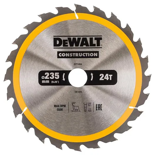 Диск циркулярен за рязане DeWALT на дърво грубо с HM пластини  235 мм, 30 мм, 24 z, Construction