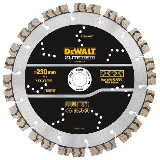 Диск диамантен за сухо и мокро рязане DeWALT на бетон, тухли и керемиди  230 мм, 22.23 мм, Elite