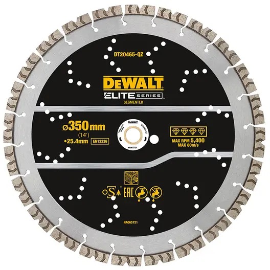 Диск диамантен за сухо и мокро рязане DeWALT на армиран бетон  350 мм, 25.4 мм, Elite