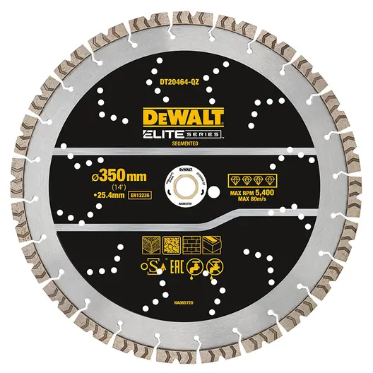 Диск диамантен за сухо и мокро рязане DeWALT на бетон, тухли и керемиди  350 мм, 25.4 мм, Elite