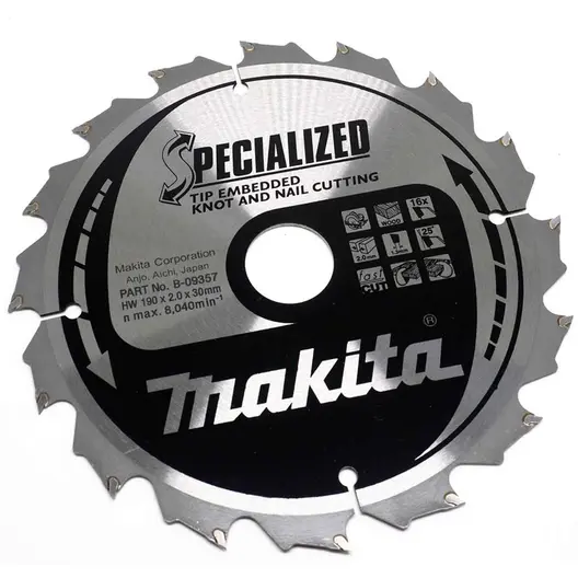 Диск циркулярен за рязане Makita на дърво напречно надлъжно с HM пластини  190 мм, 30 мм, 1.25 мм, 16 z, Specialized